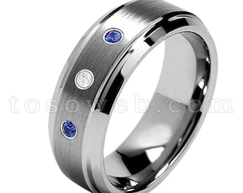 Heren witte diamant en blauwe saffier trouwring, 8 mm geborsteld midden afgeschuinde rand wolfraamcarbide jubileumring TS1622