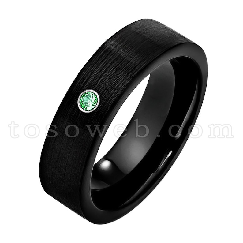 7mm Brushed Black IP Pipe Cut Edge Ladies May Birthstone Ring Emerald Wedding Band Tungsten Carbide Ring TS2322