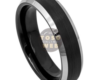 May include: A black tungsten carbide ring with a brushed finish and a silver polished edge.