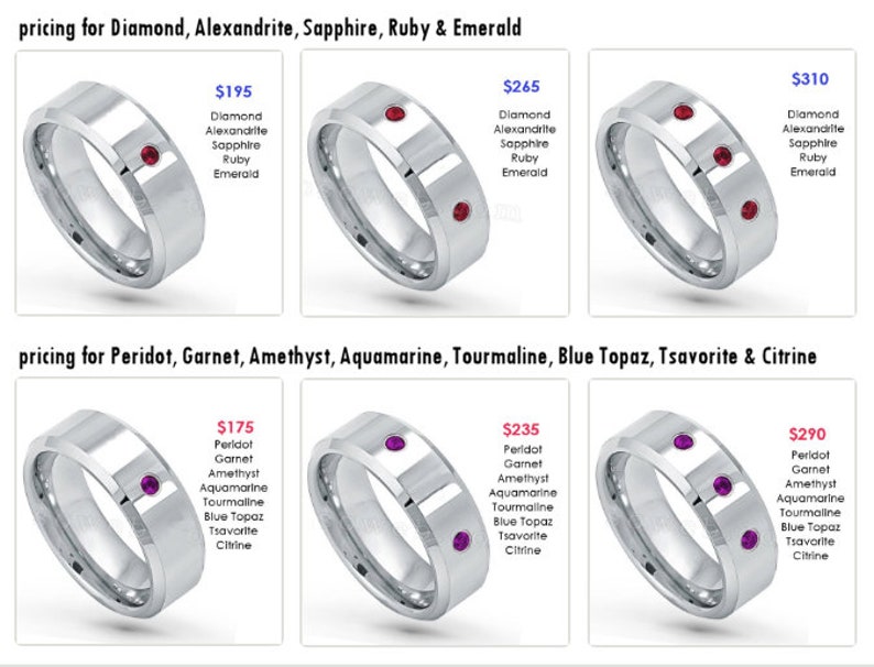 with FREE ENGRAVING Custom Bezel-set Tungsten Band with Diamonds or Birthstones see description for details TS231