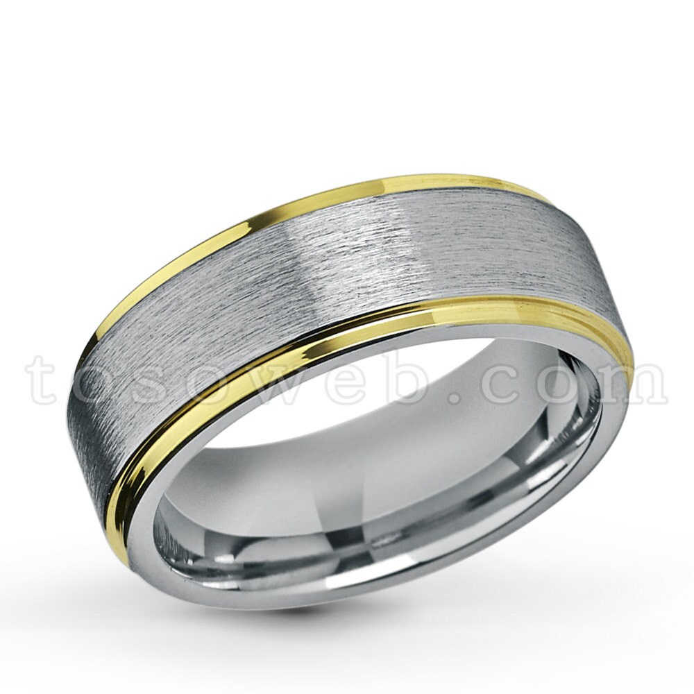 Men's 2-tone Wedding Band, 8mm Brushed Center Yellow Gold Plated
