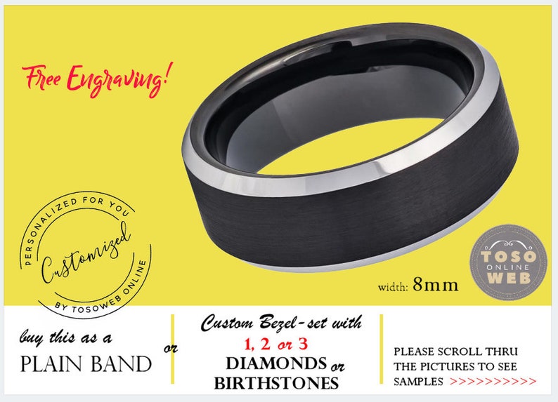 see description for details TS667 Custom Bezel-set Tungsten Band with Diamonds or Birthstones with FREE ENGRAVING