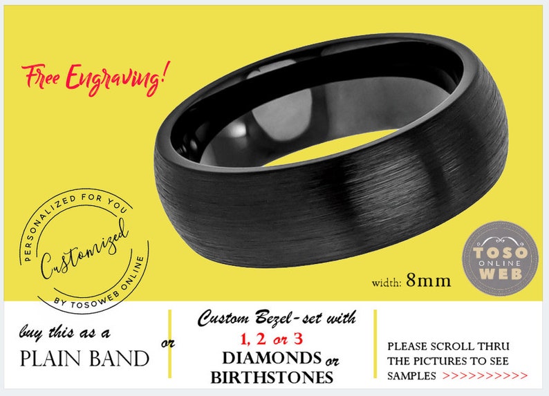 with FREE ENGRAVING Custom Bezel-set Tungsten Band with Diamonds or Birthstones see description for details TS231