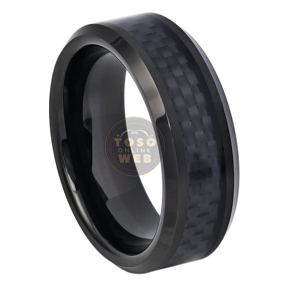 Jewelry Avalanche 8mm Beveled Cobalt Wedding Band with Carbon Fiber Inlay Hypoallergenic Comfort Fit Anniversary Ring