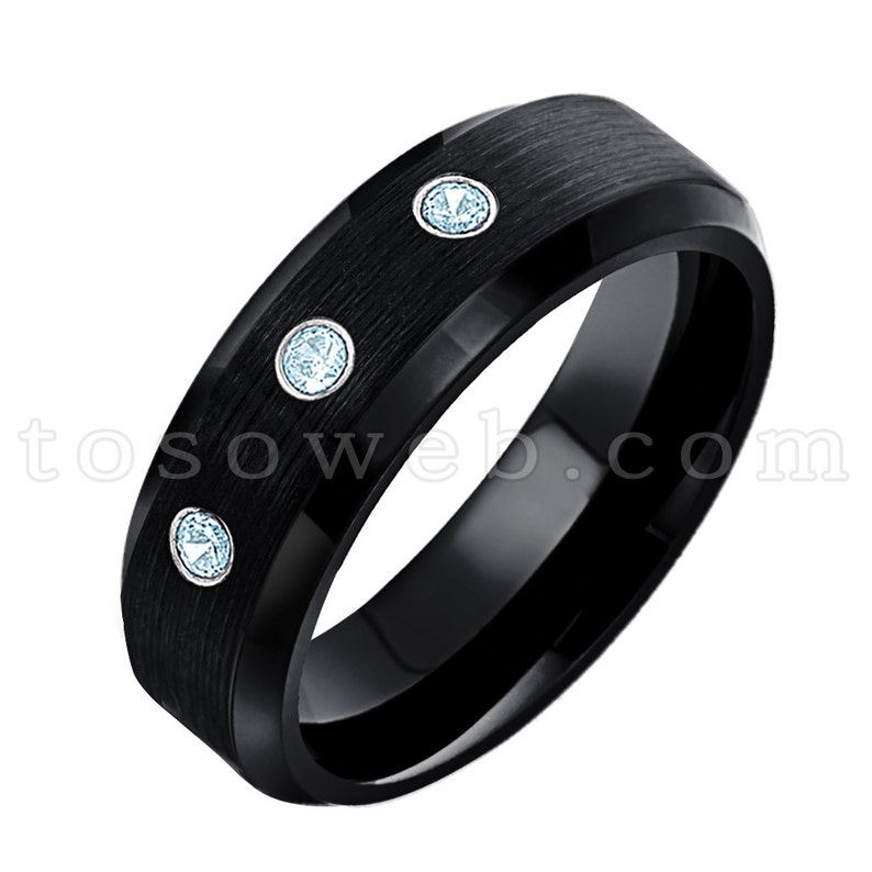 Tungsten Carbide Ring TS1682 Blue Topaz Solitaire Wedding Band Ladies November Birthstone Ring 6mm Black Ion Plated Brushed Center
