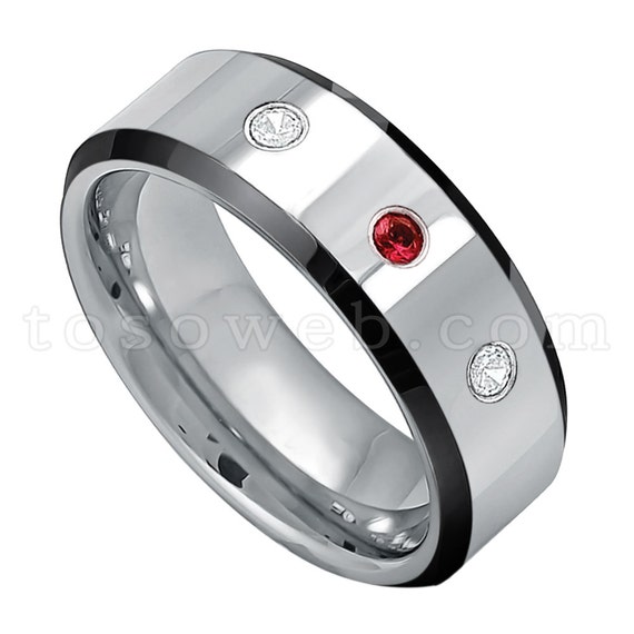Garnet /& Diamond Wedding Band Men/'s January Birthstone Ring 8mm Black IP Brushed Finish Tungsten Carbide Ring TS2312
