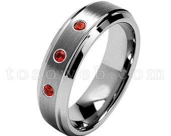 レディース 1 月誕生石リング、ガーネット結婚指輪、7 mm ブラシ仕上げセンターベベルエッジ、タングステンカーバイドリング TS0682