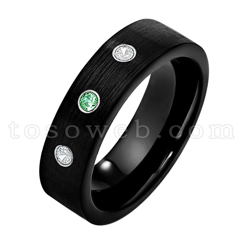 7mm Brushed Black IP Pipe Cut Edge Ladies May Birthstone Ring Emerald Wedding Band Tungsten Carbide Ring TS2322