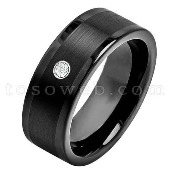 Black Ion Plated High Polished Design Center Comfort Fit Tungsten Carbide Anniversary Ring Mens 8mm 2 Tone Pipe Cut Stepped Edge Wedding Band
