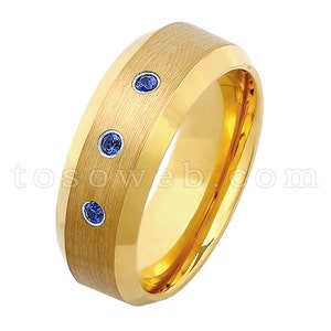 Men&#39;s Blue Sapphire Wedding Band, September Birthstone Ring,8mm Yellow Gold Plated Beveled Edge Tungsten Carbide Ring TS2102