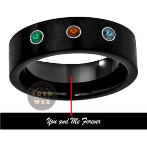 Reserved Listing for Haley - 3-STONE Black Pipe Cut Tungsten Ring with Emerald-Garnet-Topaz Gemstones