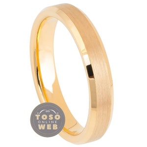 Ladies 4mm Beveled Edge High Polished Yellow Gold Ion Plated with Flat Brushed Finish Comfort Fit Tungsten Carbide Anniversary Ring TS8100