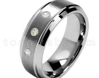 男性用ペリドット＆ダイヤモンド結婚指輪、8月の誕生石リング、8mmのブラッシュセンターベベルエッジタングステンカーバイドリングTS1622