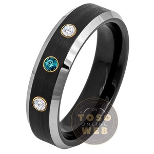 Women&#39;s Customizable Tungsten Birthstone Wedding Band,  6mm Brushed Finish 2-Tone Black IP Beveled Edge Tungsten Carbide Ring TS0795YG