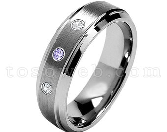 レディース 12 月誕生石リング、タンザナイト & ダイヤモンド結婚指輪、ブラッシュド センター ベベルエッジ、タングステン カーバイド リング TS0682