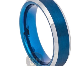 メンズ 6mm ベベルエッジ ハイポリッシュ ブルーイオンプレーティング加工、ブラッシュドセンター タングステンカーバイド ウェディングバンド TS7260