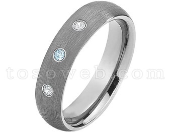 Anel feminino com pedra do mês de novembro, topázio azul e aliança de diamante, borda de corte de tubo escovado de 6 mm, anel de carboneto de tungstênio TS0602