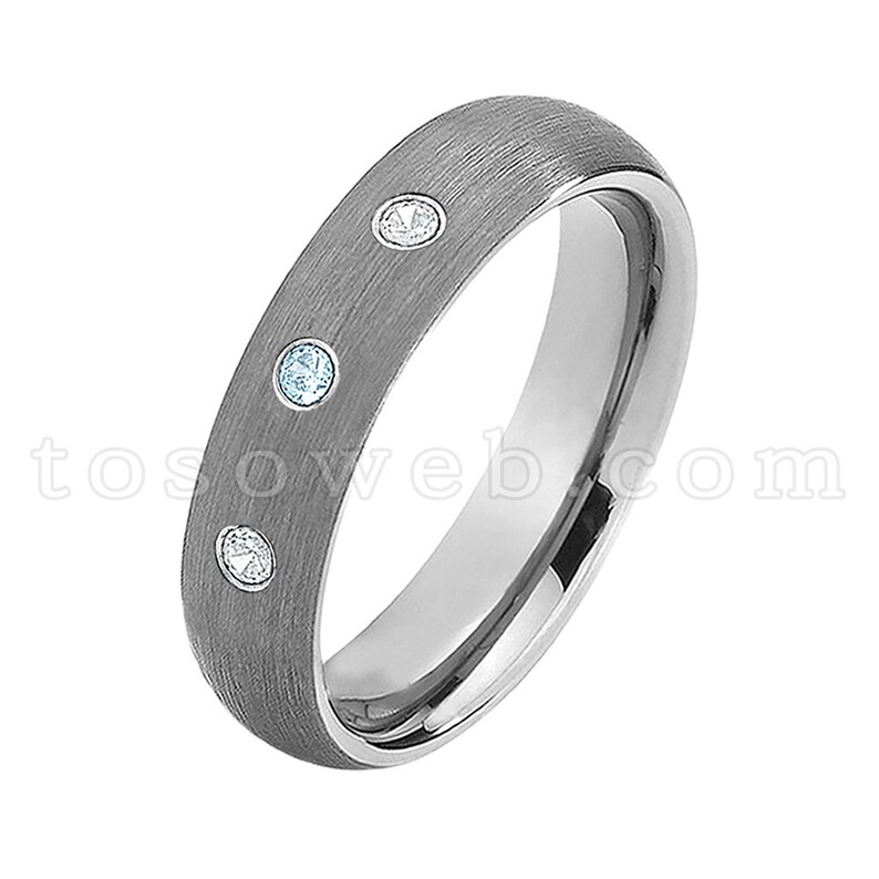 Blue Topaz Wedding Band 6mm Brushed Center Pipe Cut Edge Tungsten Carbide Ring TS0602 Ladies November Birthstone Ring