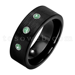 Men&#39;s Emerald Wedding Band, May Birthstone Ring, Brushed Black Ion Plated Pipe Cut Edge, Tungsten Carbide Ring TS2302