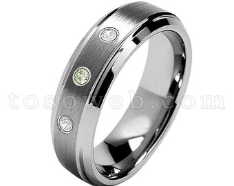 レディース 8 月誕生石リング、ペリドット & ダイヤモンド結婚指輪、7 mm ブラシ仕上げセンターベベルエッジ、タングステンカーバイドリング TS0682