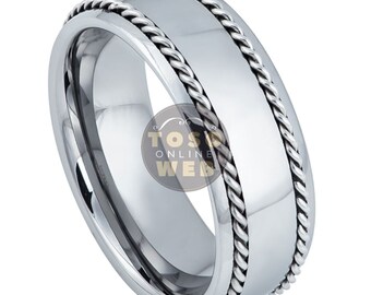 Men's 8mm Semi Dome Edge High Polished w/ Stainless Steel Rope Inlay on Sides, Comfort Fit Tungsten Carbide Anniversary Ring TS8010