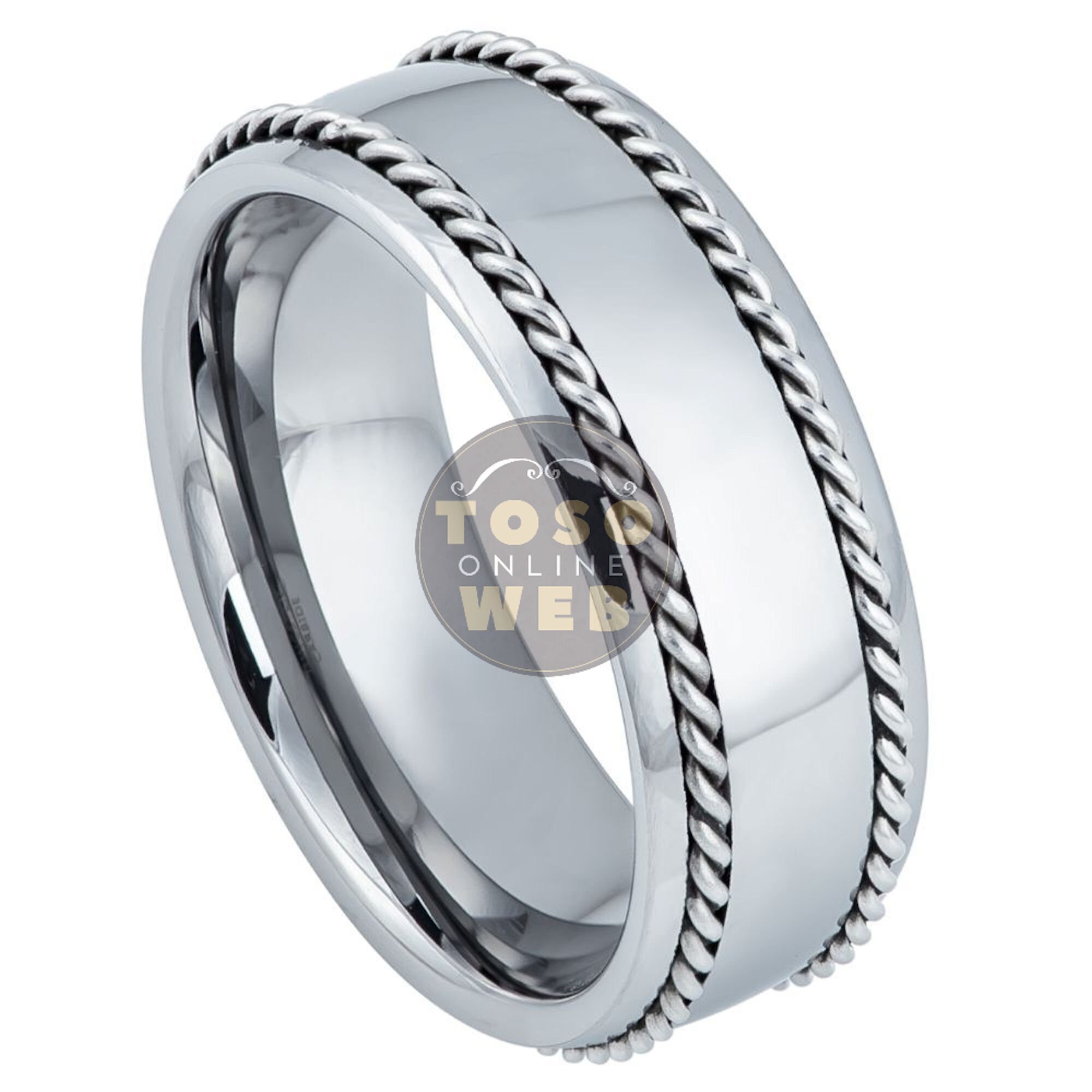Men's 8mm Semi Dome Edge High Polished W/ Stainless Steel Rope
