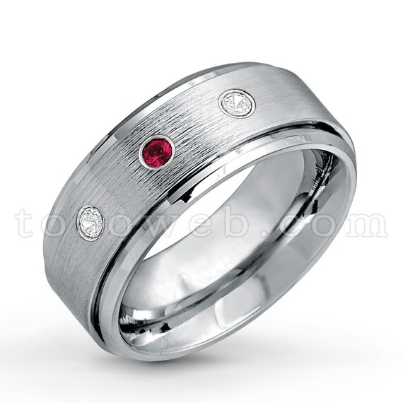July Birthstone Tungsten Ring Mens 0.07ct Ruby Solitaire Wedding Band 8mm High Polish Finish Beveled Edge Tungsten Carbide Anniversary Ring
