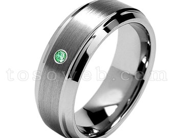 メンズ ツァボライト ソリティア 結婚指輪、1 月誕生石リング、8 mm ブラシ仕上げセンター ベベル シャイニーエッジ タングステンカーバイドリング TS1622