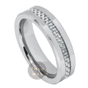 Unisex 6mm Wedding Band, Dark Grey Carbon Fiber Inlay High Polished Beveled Edge, Comfort Fit Tungsten Carbide Anniversary Ring TS2132
