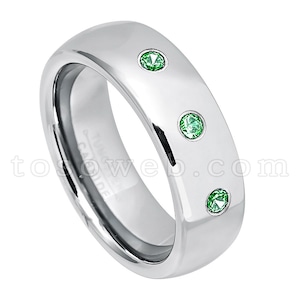 Men&#39;s Emerald Gemstone Wedding Band, May Birthstone Ring, 7mm Semi-Dome Polished Finish Tungsten Carbide Ring TS1752