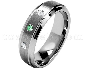 レディース 1 月誕生石リング、ツァボライト & ダイヤモンド結婚指輪、7 mm ブラシ仕上げセンターベベルエッジ、タングステンカーバイドリング TS0682
