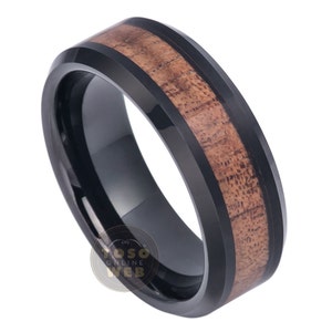 Men&#39;s 8mm Beveled Edge Polished Black IP with Hawaiian Koa Wood Inlay Ring TS6980