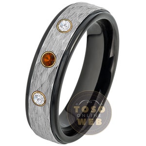 Women&#39;s Customizable Tungsten Birthstone Wedding Band,  6mm Hammered Finish 2-Tone Black IP Stepped Edge Tungsten Carbide Ring TS0789YG