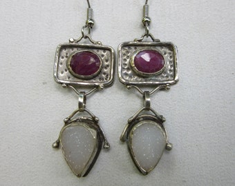 Sterling Silver Faceted Oval Ruby and White Teardrop Druzy Dangle Earrings