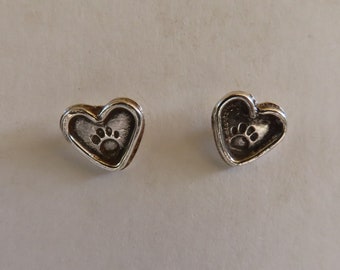 Tiny Heart Dog Paw Print Stud Earrings in Sterling Silver ,"You left your paw print on my heart"