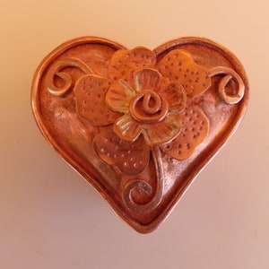 Heart Shape Copper Box with Flower and Swirls, Trinket box