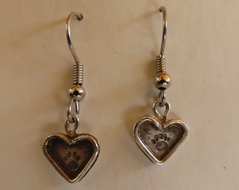 Small Sterling Silver Heart Dangle Earrings with Paw Prints, "you left your paw print on my heart"