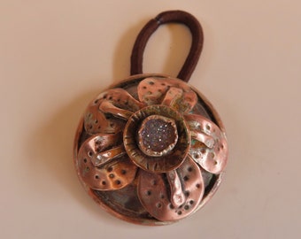 Round Copper Ponytail or Messy Bun Holder with Flower and Druzy