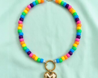 Handbeaded Rainbow y2k Plastic Beaded Choker Necklace with 1.25” Gold Puffy Heart Pendant