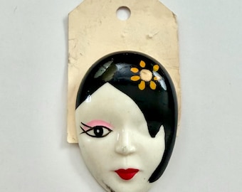 Vintage Hand Painted Ceramic Stylized Masquerade Face Brooch