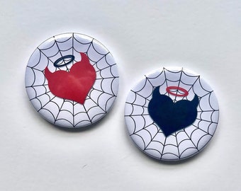 y2k 2.25” pin back button pin kawaii angel devil heart on spider web