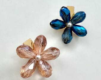 Retro Y2K Crystal Flower Alligator Hair Clip-Amber & Blue-tone with Pearl center [set of 2]