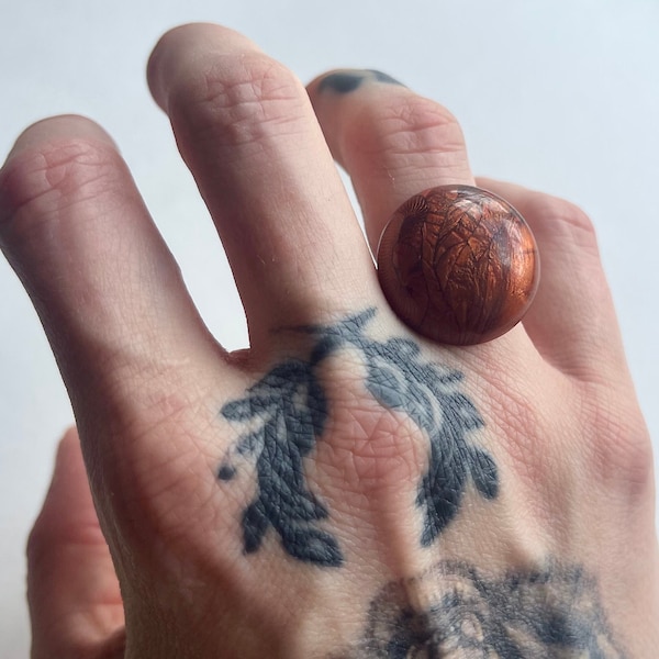 Handmade Upcycled Vintage Brown-orange Chunky Circle Statement Adjustable Ring