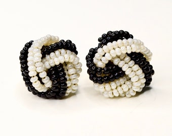 Vintage Black & White Beaded Clip-on Earrings