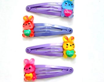 Fermagli per capelli in metallo a forma di coniglietto "Love" in resina, colorati e in stile Kawaii.