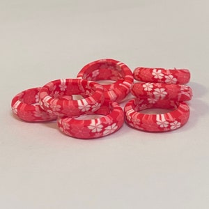 Vintage Polymer Clay Red Band w/ White pink Floral Patterned Rings image 4
