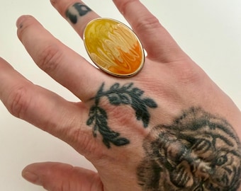 Handmade Upcycled Vintage Abstract yellow/orange gradient  Oval Statement Adjustable Ring