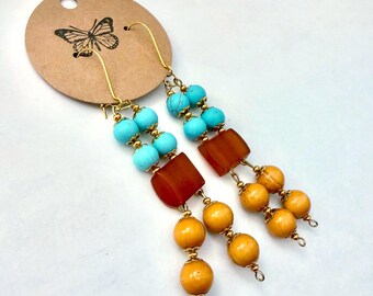 Handmade upcycled turquoise & yellow beaded dangle statement earrings