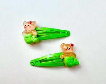 Set of 2 Colorful Kawaii Mermaid Bear Green Hair Clips