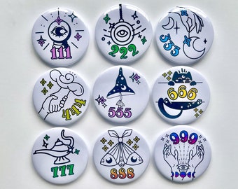 números de ángel 111-999 conjunto completo buena suerte celestial 2.25" pin pines de botón trasero